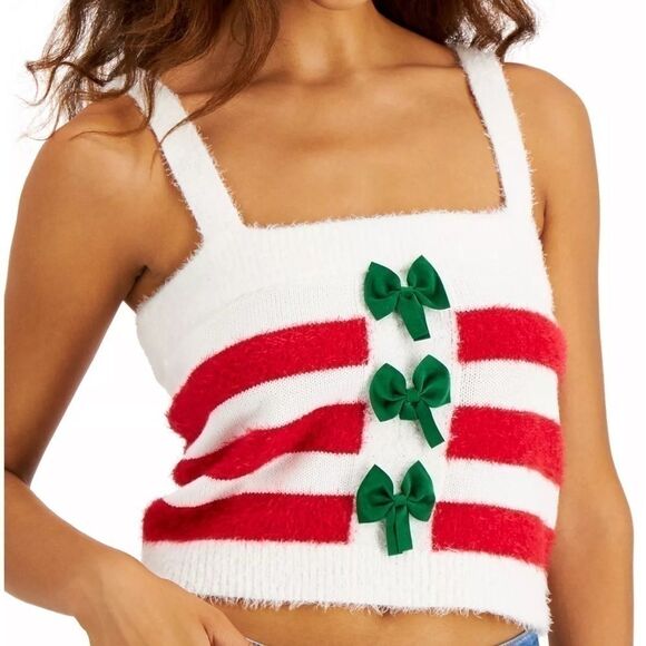 New Hooked Up by IOT Juniors Holiday Bow-Front Tank,Red, top M - Picture 3 of 7